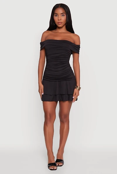 Womens Off the Shoulder Ruched Tiered Bodycon Dress, Black, Size M
