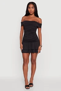 Womens Off the Shoulder Ruched Tiered Bodycon Dress, Black, Size S