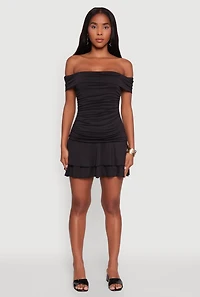 Womens Off the Shoulder Ruched Tiered Bodycon Dress, Black, Size S
