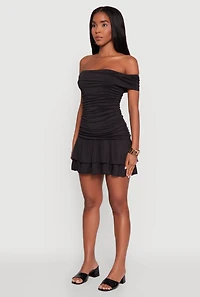 Womens Off the Shoulder Ruched Tiered Bodycon Dress,
