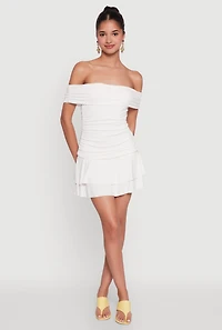 Womens Off the Shoulder Ruched Tiered Bodycon Dress, White, Size M
