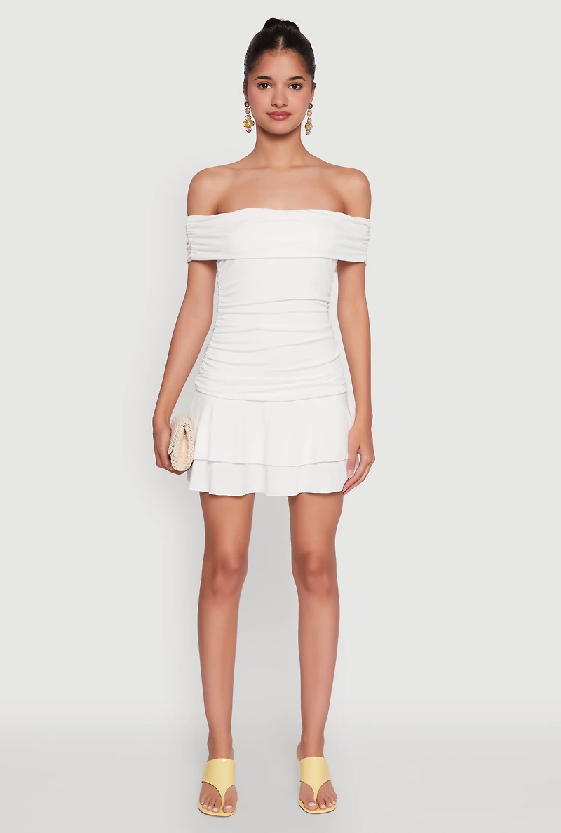 Womens Off the Shoulder Ruched Tiered Bodycon Dress, White, Size M