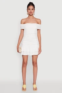 Womens Off the Shoulder Ruched Tiered Bodycon Dress, White, Size M