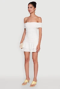 Womens Off the Shoulder Ruched Tiered Bodycon Dress, White, Size M