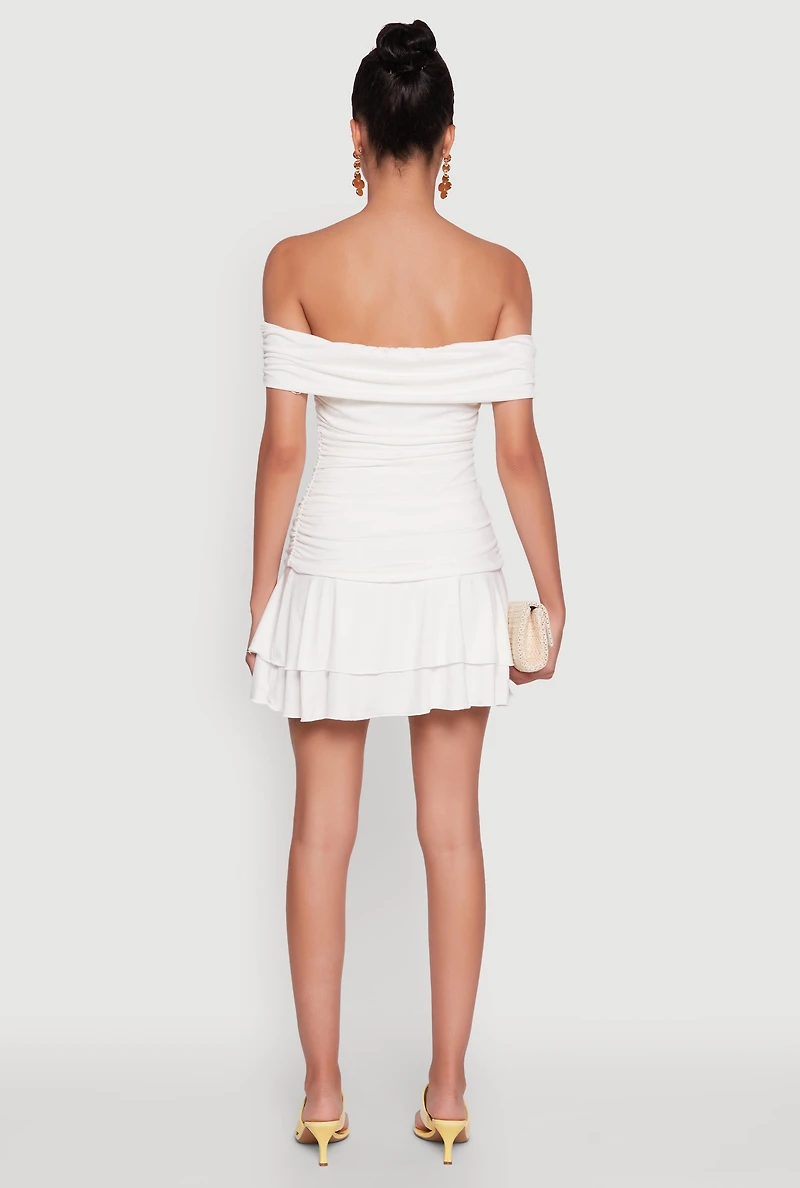 Womens Off the Shoulder Ruched Tiered Bodycon Dress, White, Size M