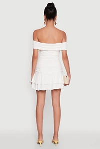 Womens Off the Shoulder Ruched Tiered Bodycon Dress, White, Size M