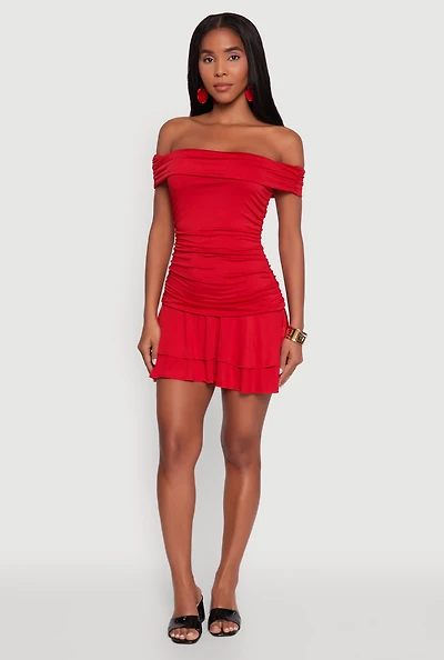Womens Off the Shoulder Ruched Tiered Bodycon Dress, Red, Size M