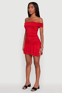 Womens Off the Shoulder Ruched Tiered Bodycon Dress, Red, Size M