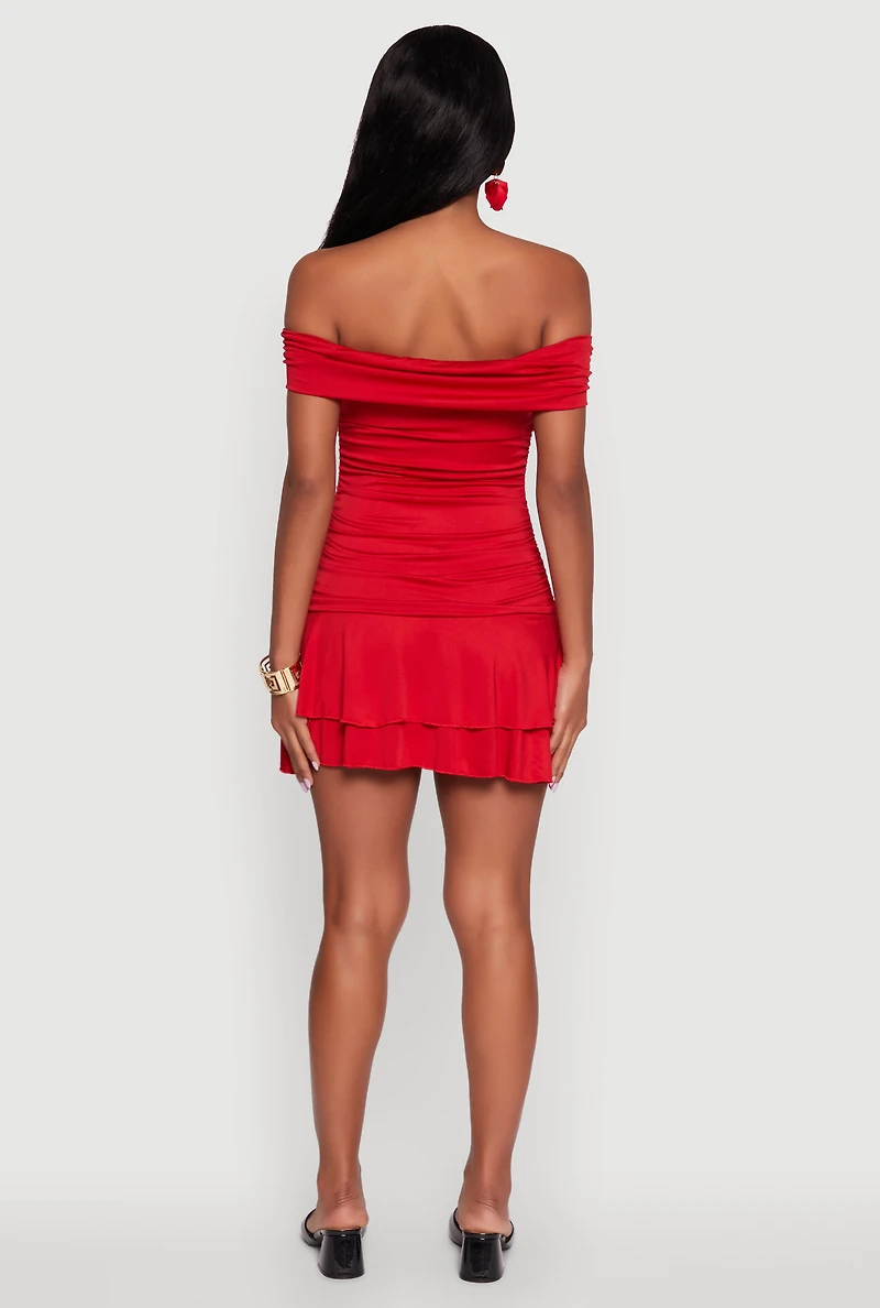 Womens Off the Shoulder Ruched Tiered Bodycon Dress, Red, Size M