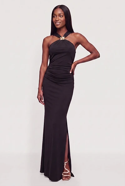 Metallic Pendant Halter Neck Side Ruched Mermaid Dress