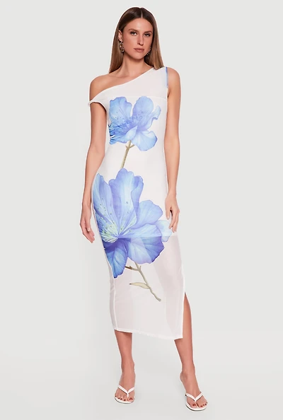 Floral Mesh Sleeveless One Shoulder Dress