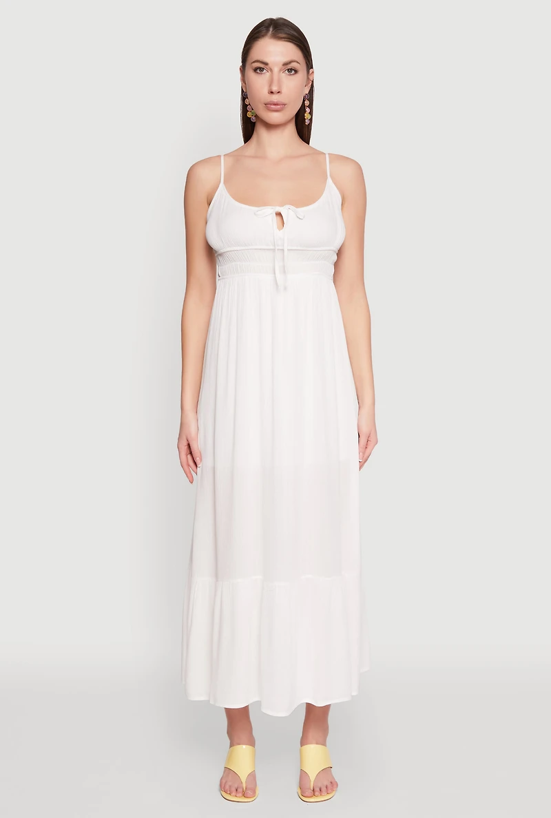 Womens Tie Front Keyhole Maxi Dress, White, Size S
