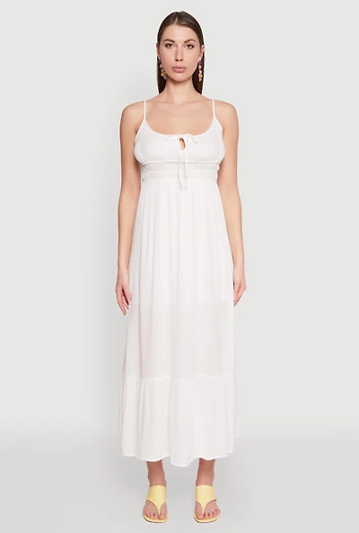 Womens Tie Front Keyhole Maxi Dress, White, Size S