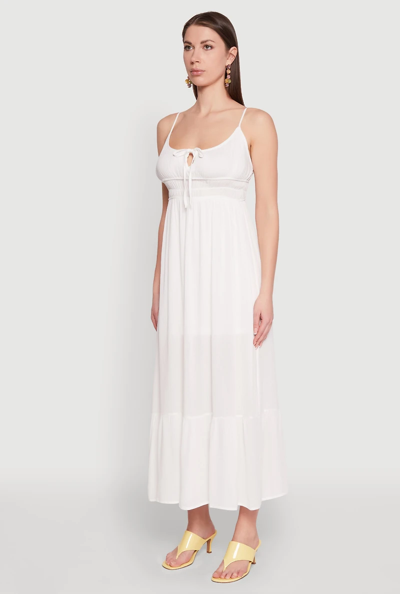 Womens Tie Front Keyhole Maxi Dress, White, Size L