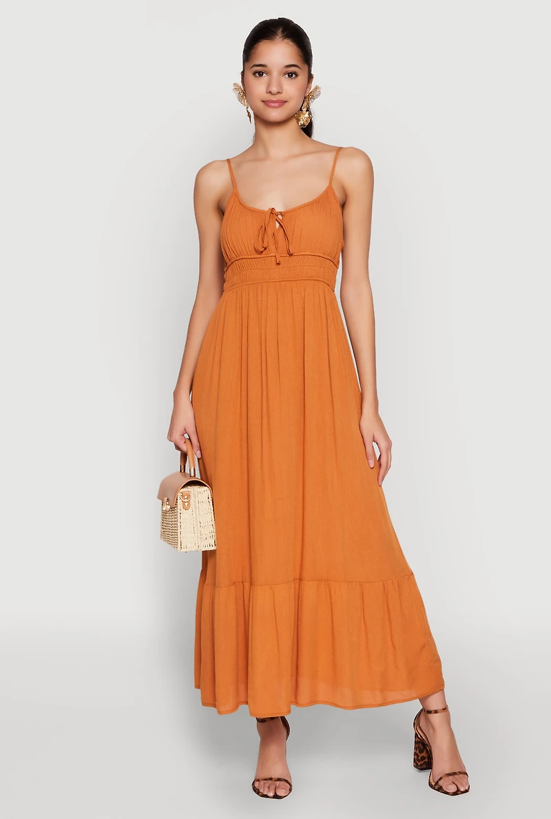 Womens Tie Front Keyhole Maxi Dress, S