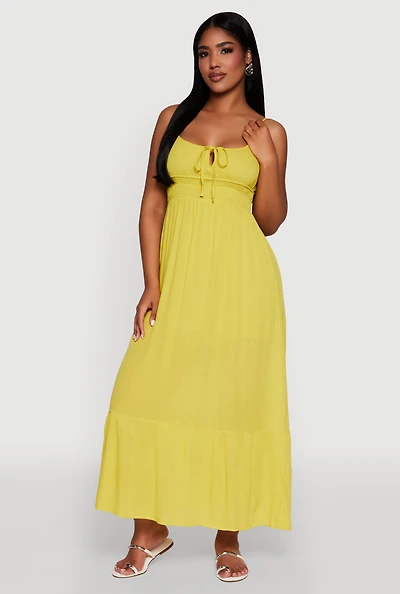 Womens Tie Front Keyhole Maxi Dress, Yellow, Size S