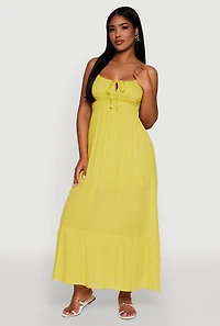 Womens Tie Front Keyhole Maxi Dress, Yellow, Size S