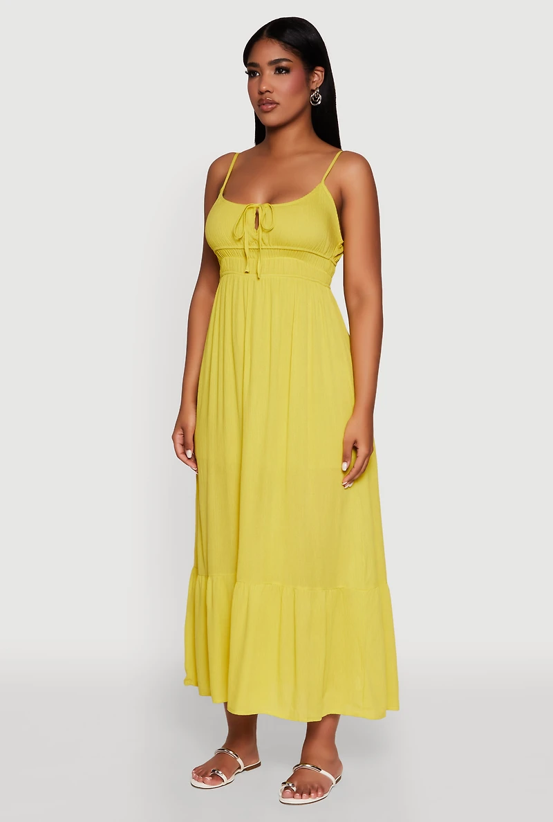 Womens Tie Front Keyhole Maxi Dress, Yellow, Size M