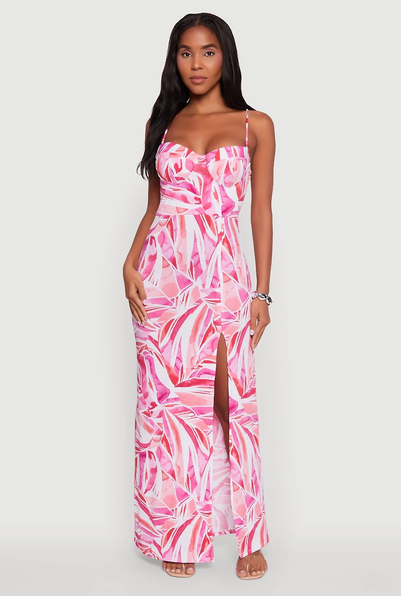 Womens Sleeveless Printed Bustier Maxi Dress with Side Slit, Pink, Size L