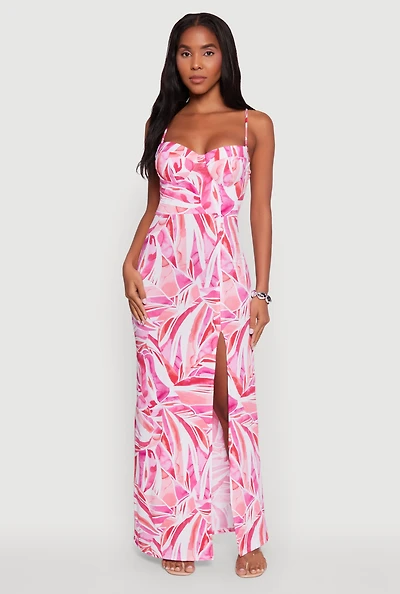Womens Sleeveless Printed Bustier Maxi Dress with Side Slit, Pink, Size L
