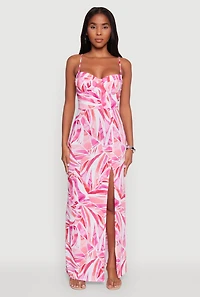Womens Sleeveless Printed Bustier Maxi Dress with Side Slit, Pink, Size L