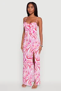 Womens Sleeveless Printed Bustier Maxi Dress with Side Slit, Pink, Size L