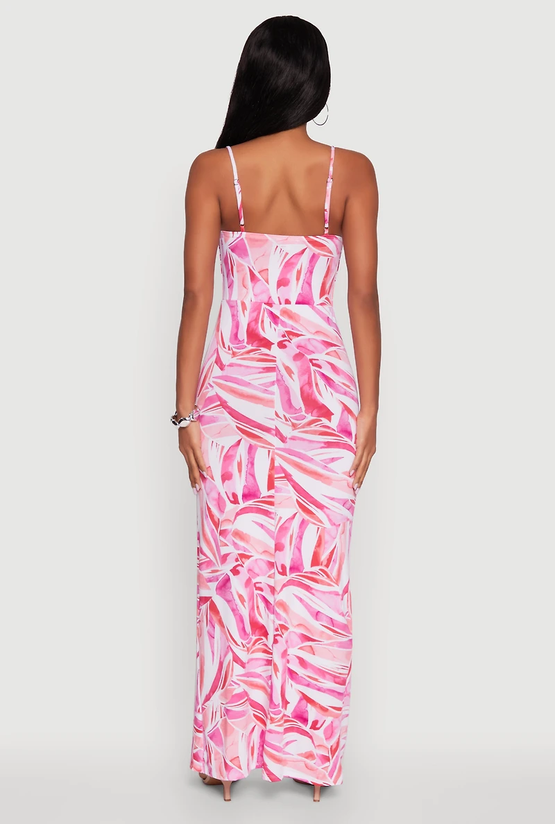 Womens Sleeveless Printed Bustier Maxi Dress with Side Slit, Pink, Size L