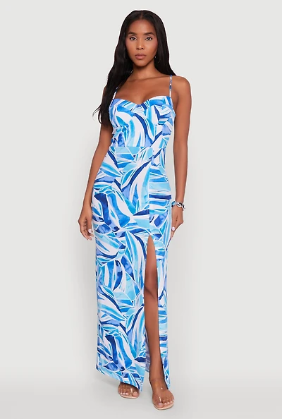 Womens Sleeveless Printed Bustier Maxi Dress with Side Slit, Blue, Size M
