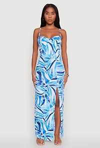 Womens Sleeveless Printed Bustier Maxi Dress with Side Slit, Blue, Size M