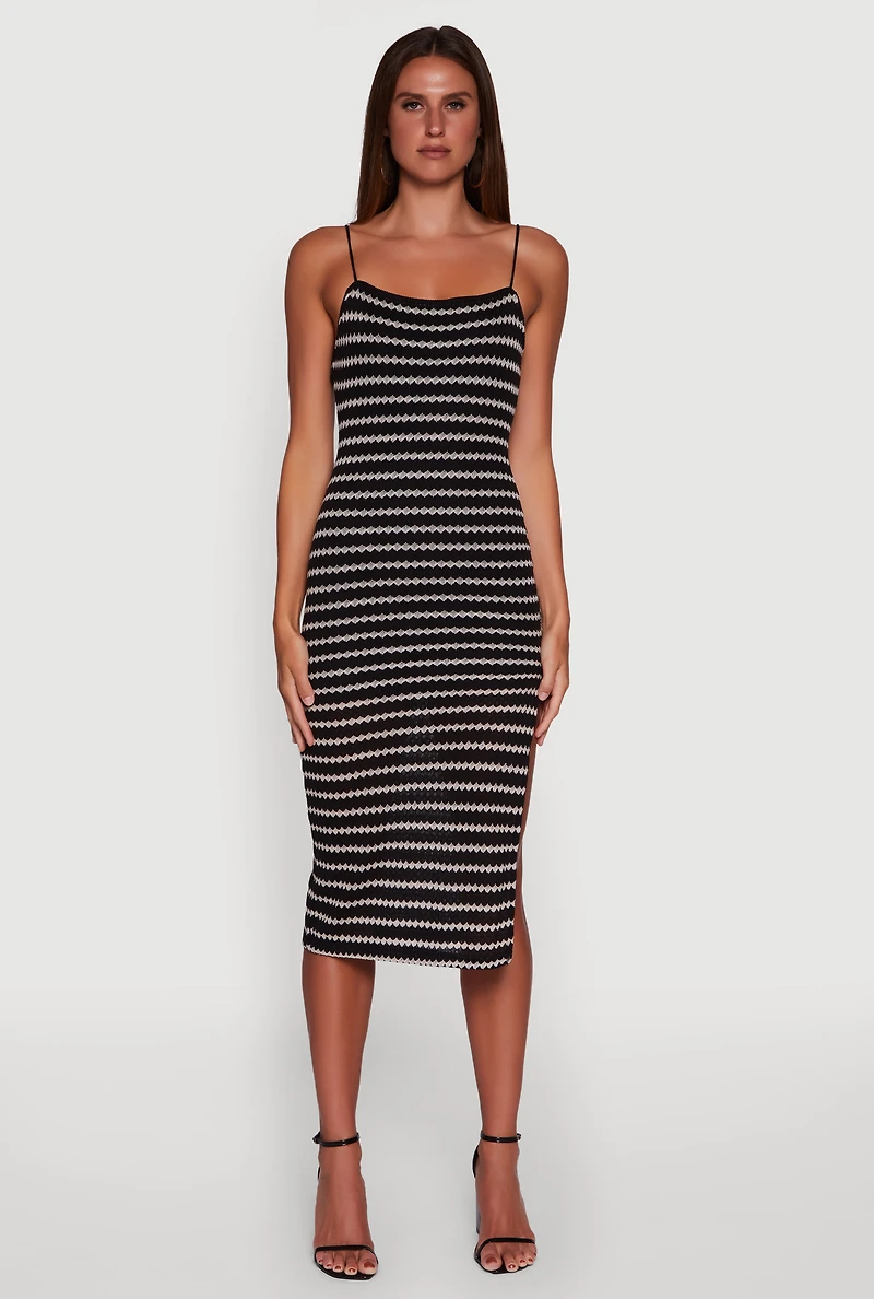 Womens Striped Open Tie Back Side Slit Bodycon Dress, Black, Size S