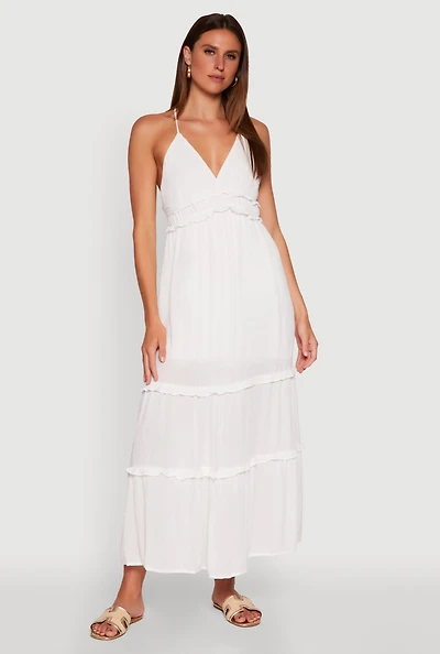 Womens Gauze Knit Sleeveless Maxi Tiered Sundress, White, Size S