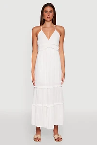 Womens Gauze Knit Sleeveless Maxi Tiered Sundress, White, Size S
