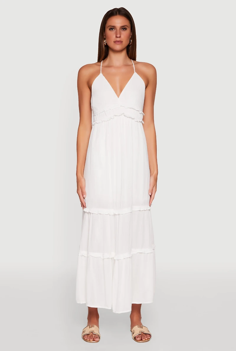 Womens Gauze Knit Sleeveless Maxi Tiered Sundress, White, Size M