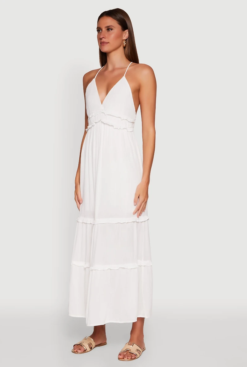 Womens Gauze Knit Sleeveless Maxi Tiered Sundress, White, Size M