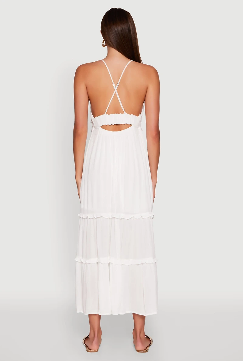 Womens Gauze Knit Sleeveless Maxi Tiered Sundress, White, Size M