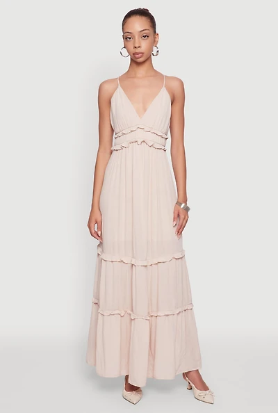 Womens Gauze Knit Sleeveless Maxi Tiered Sundress,