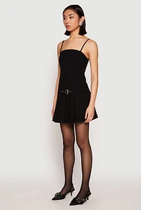 Womens Belted Front Pleated Drop Waist Dress, Black, Size L