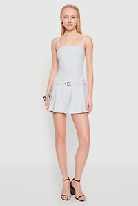 Womens Belted Front Pleated Drop Waist Dress,
