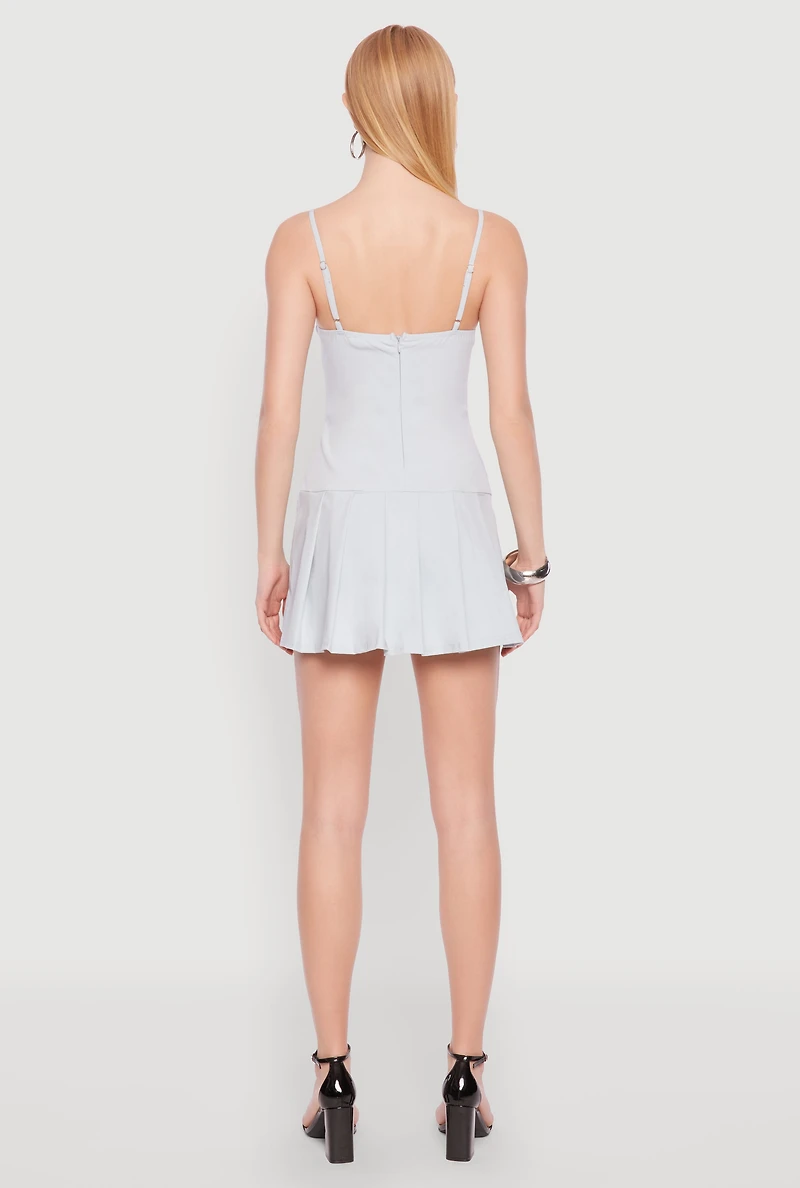 Womens Belted Front Pleated Drop Waist Dress,
