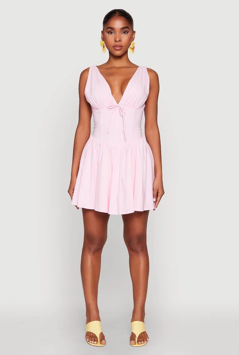Womens Plunge Corset Skater Dress, Pink, Size L