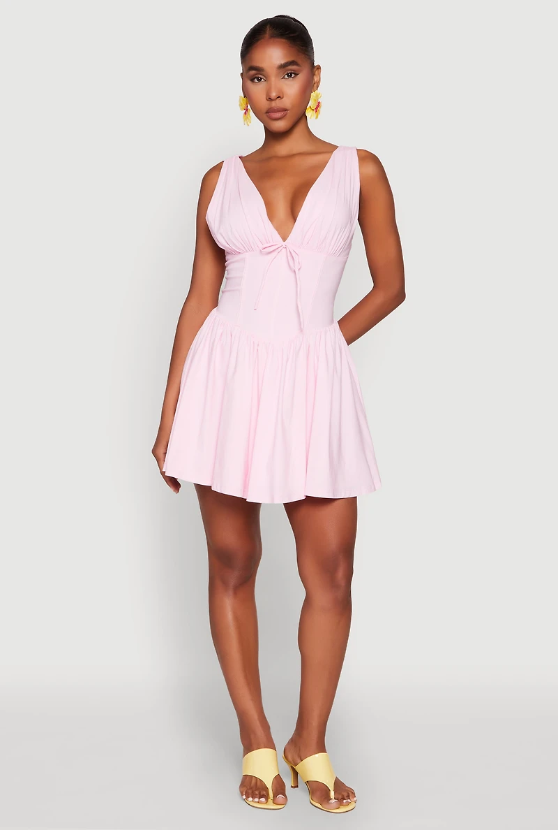 Womens Plunge Corset Skater Dress, Pink, Size L