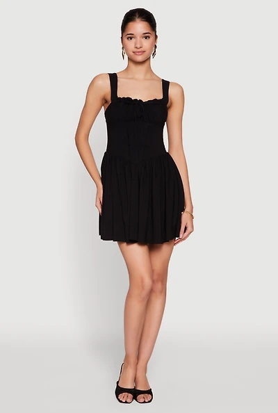 Womens Pleated Corset Mini Dress, Black, Size L