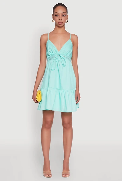 Womens Tiered Sleeveless Mini Dress with Crochet Details, Blue, Size S