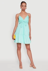 Womens Tiered Sleeveless Mini Dress with Crochet Details, Blue, Size S