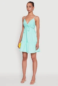 Womens Tiered Sleeveless Mini Dress with Crochet Details, Blue, Size M