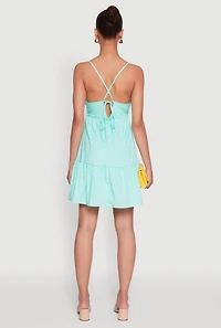 Womens Tiered Sleeveless Mini Dress with Crochet Details,