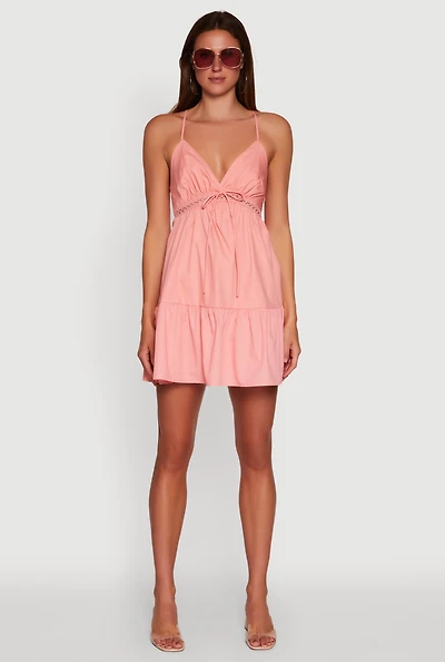 Womens Tiered Sleeveless Mini Dress with Crochet Details,