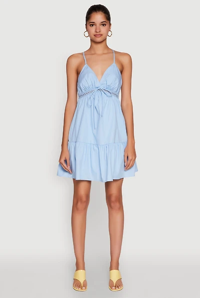 Womens Tiered Sleeveless Mini Dress with Crochet Details,
