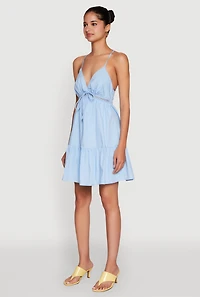Womens Tiered Sleeveless Mini Dress with Crochet Details, Blue, Size S