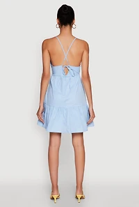 Womens Tiered Sleeveless Mini Dress with Crochet Details, Blue, Size S